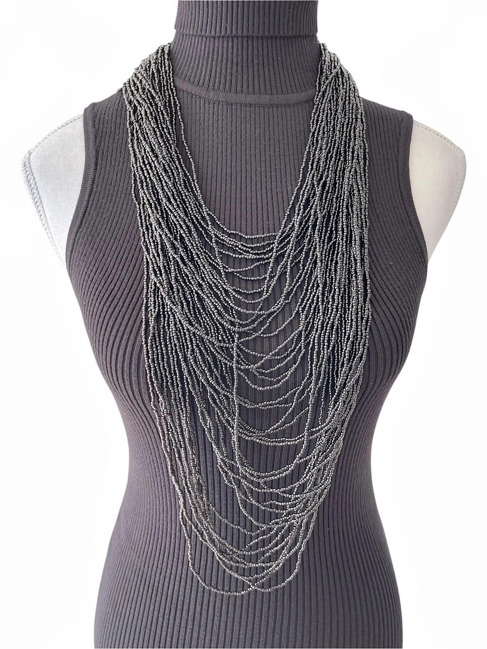 Layered Handmade Black Beaded Statement Necklace